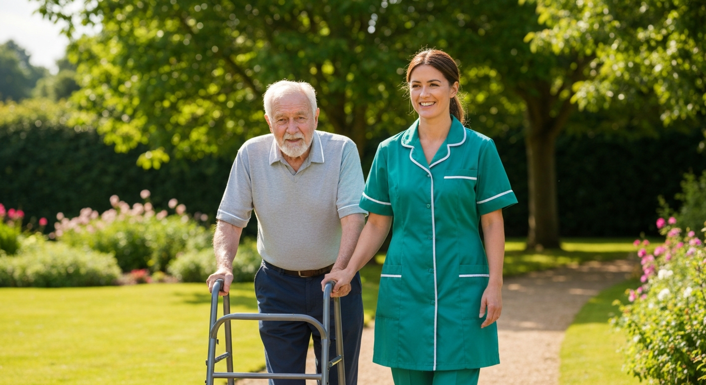 Quality Team Healthcare carer walking with elderly client in Sittingbourne garden
