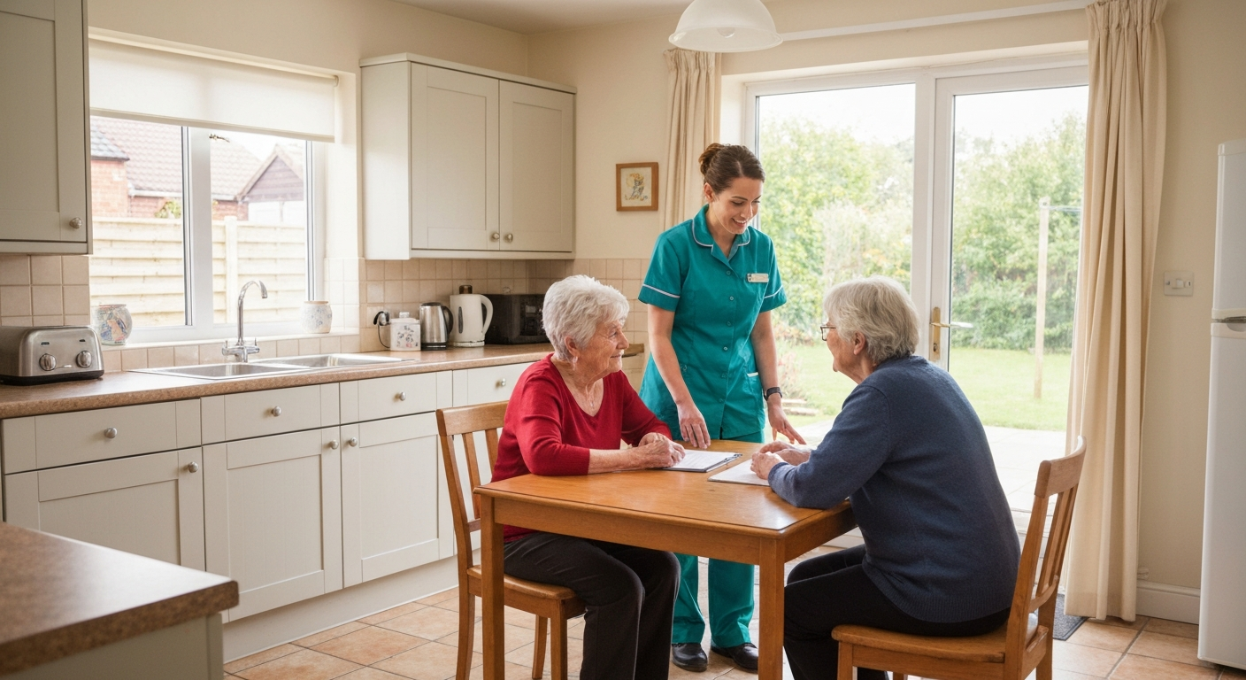 Quality Team Healthcare carer listening to an elderly woman during a home care assessment in Kent