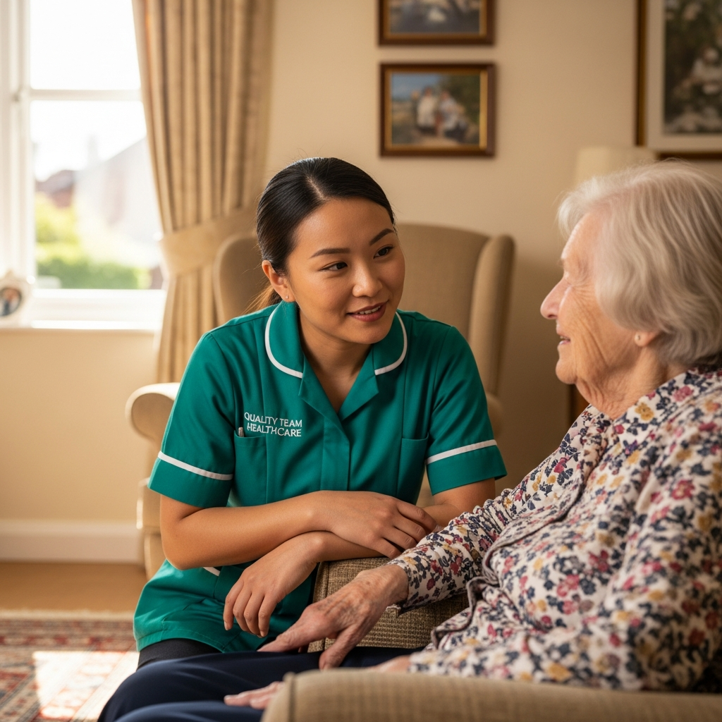 Compassionate home carer supporting elderly client in Kent
