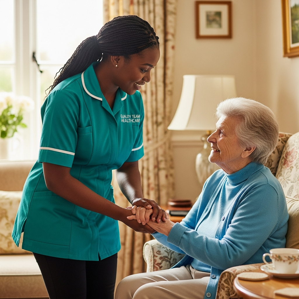 Quality Team Healthcare carer in teal uniform, Sittingbourne Kent