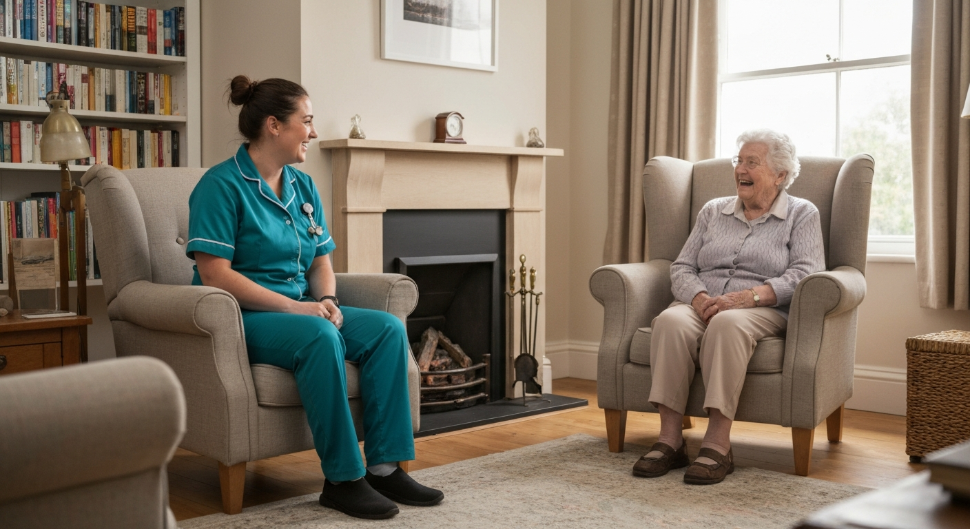 Companion carer at door in teal uniform Sittingbourne Kent